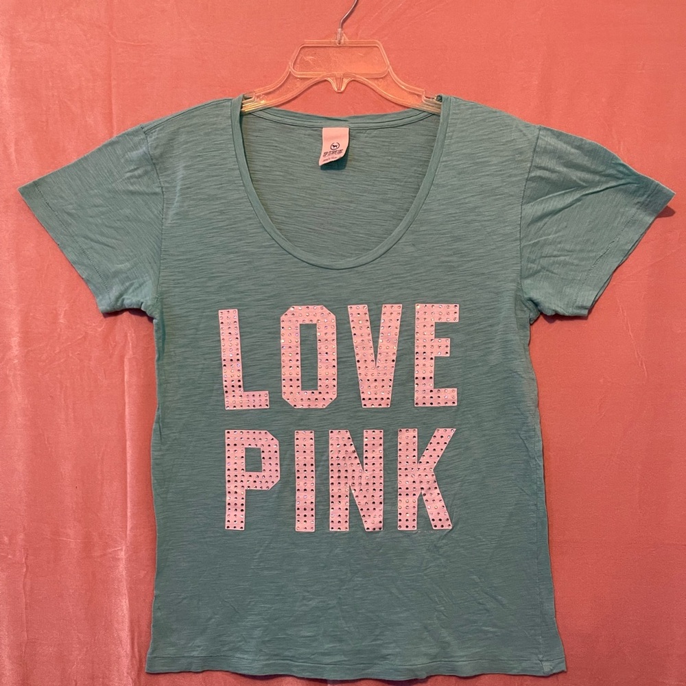 Bedazzled Love Pink teal shirt